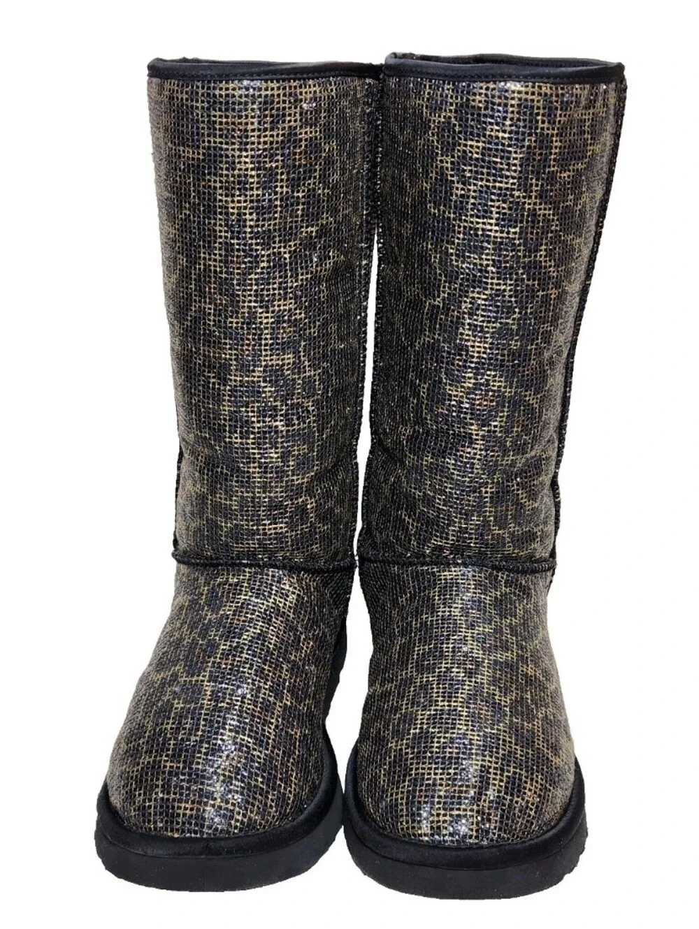 UGG Leopard Glitter Classic Tall Sz 7 Genuine Sheepskin Boots Black/Gold 1006819